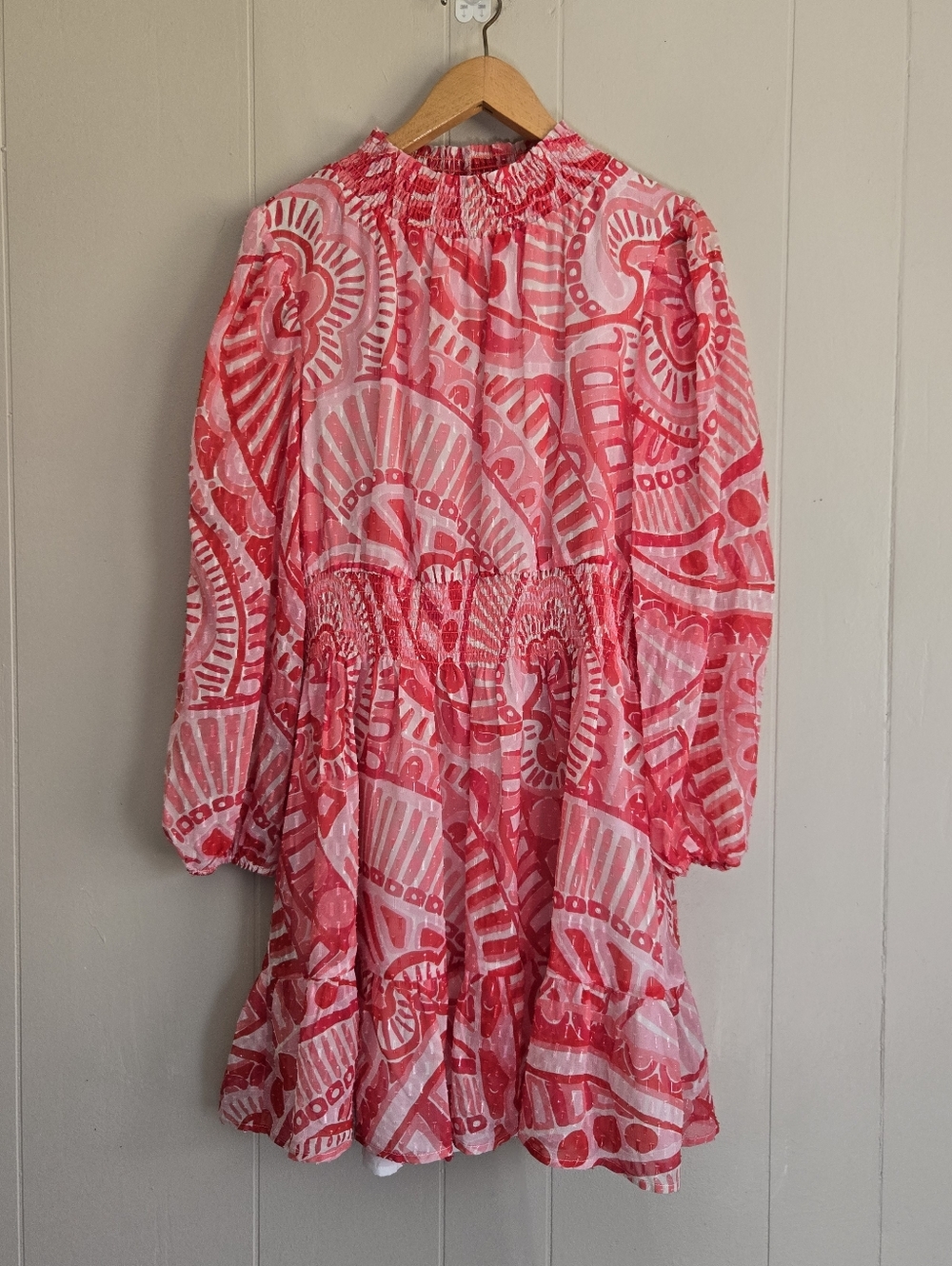 STS Sail To Sabel Silk Mini Dress Smocked Neck Waist Red Pink Flowy Feminine M